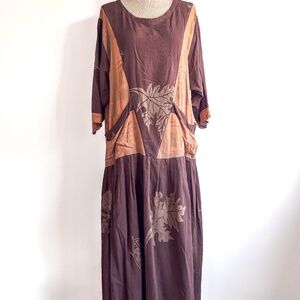 KUSNADI Boho Drop Waist Dress Pockets Art To Wear Lagenlook OS Leaf Turtle Print